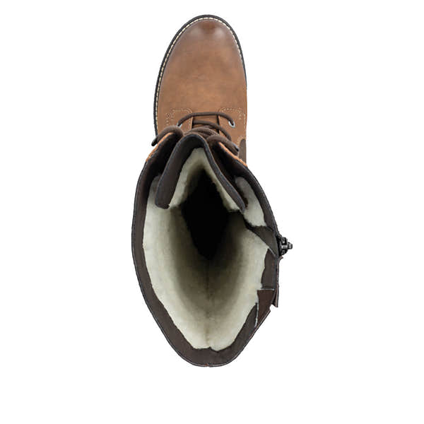 Rieker Y8101-25 women's brown suede water resistant zip & lace mid-calf boots, top view.