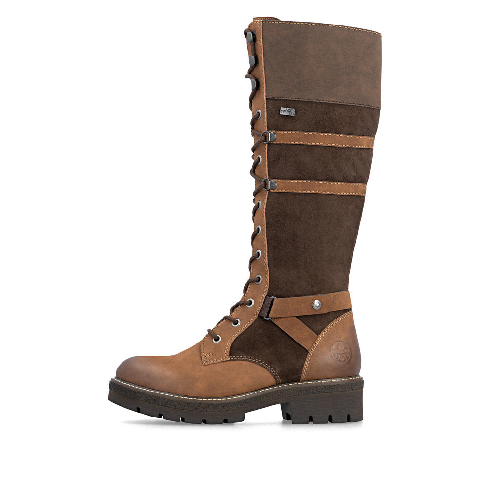 Rieker Y8101-25 women's brown suede water resistant zip & lace mid-calf boots, inner side view.