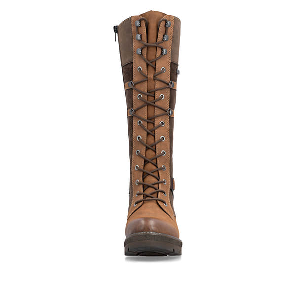 Rieker Y8101-25 women's brown suede water resistant zip & lace mid-calf boots, front view.