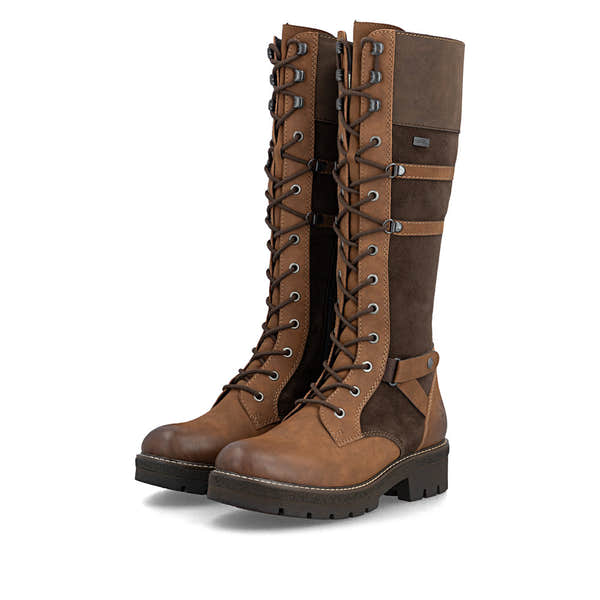 Rieker Y8101-25 women's brown suede water resistant zip & lace mid-calf boots, paired three-quarter view.