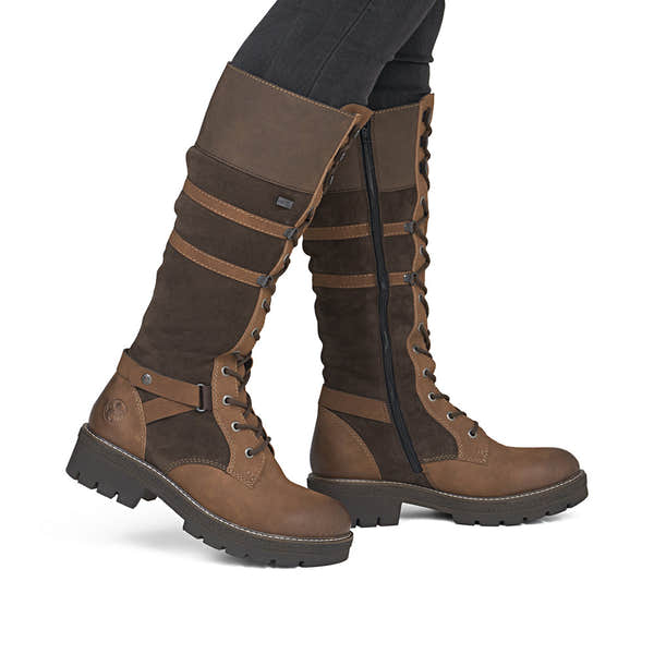 Rieker Y8101-25 women's brown suede water resistant zip & lace mid-calf boots, on-foot lifestyle view.