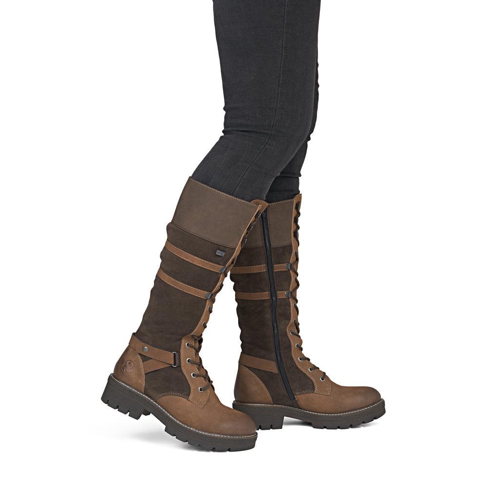 Rieker Y8101-25 women's brown suede water resistant zip & lace mid-calf boots, on-foot lifestyle view.