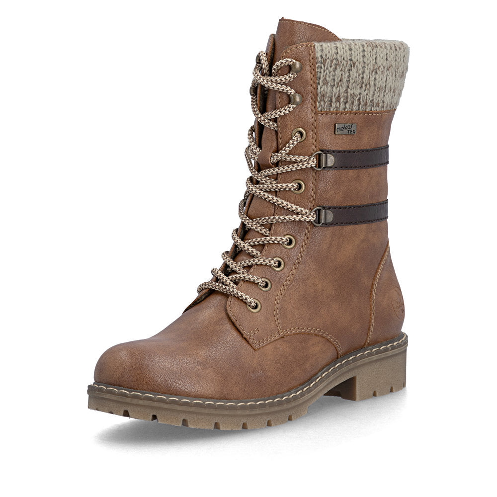 Rieker Y9107-24 women's brown water resistant zip & lace ankle boots, front three-quarter view.