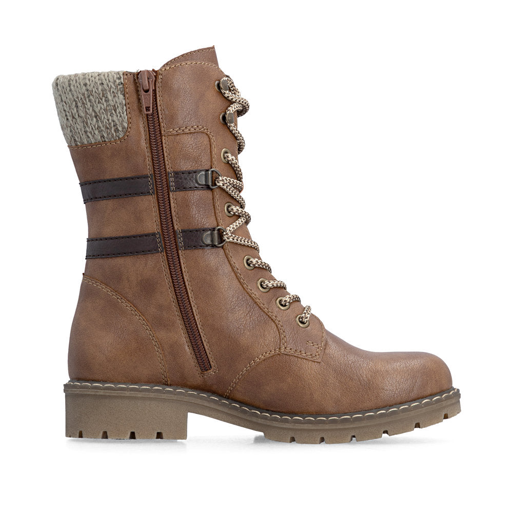 Rieker Y9107-24 women's brown water resistant zip & lace ankle boots, outer side view.