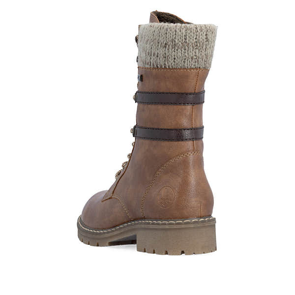 Rieker Y9107-24 women's brown water resistant zip & lace ankle boots, rear three-quarter view.