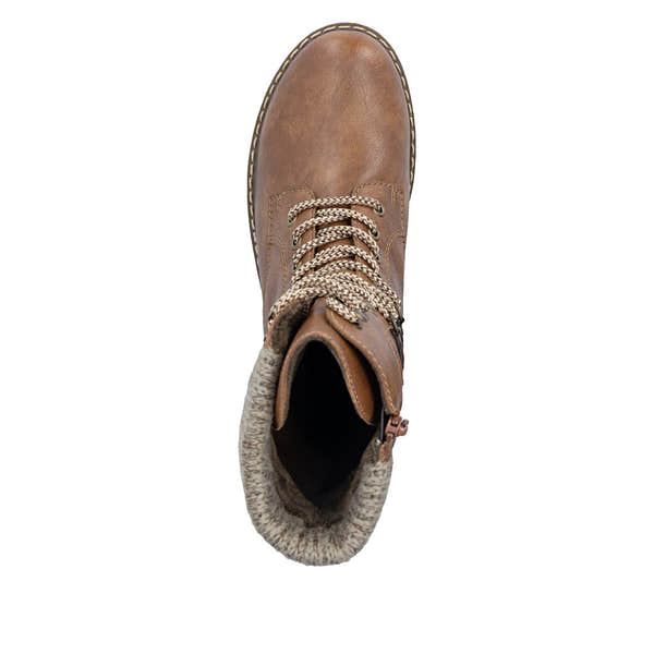 Rieker Y9107-24 women's brown water resistant zip & lace ankle boots, top view.