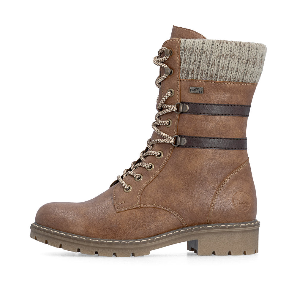 Rieker Y9107-24 women's brown water resistant zip & lace ankle boots, inner side view.