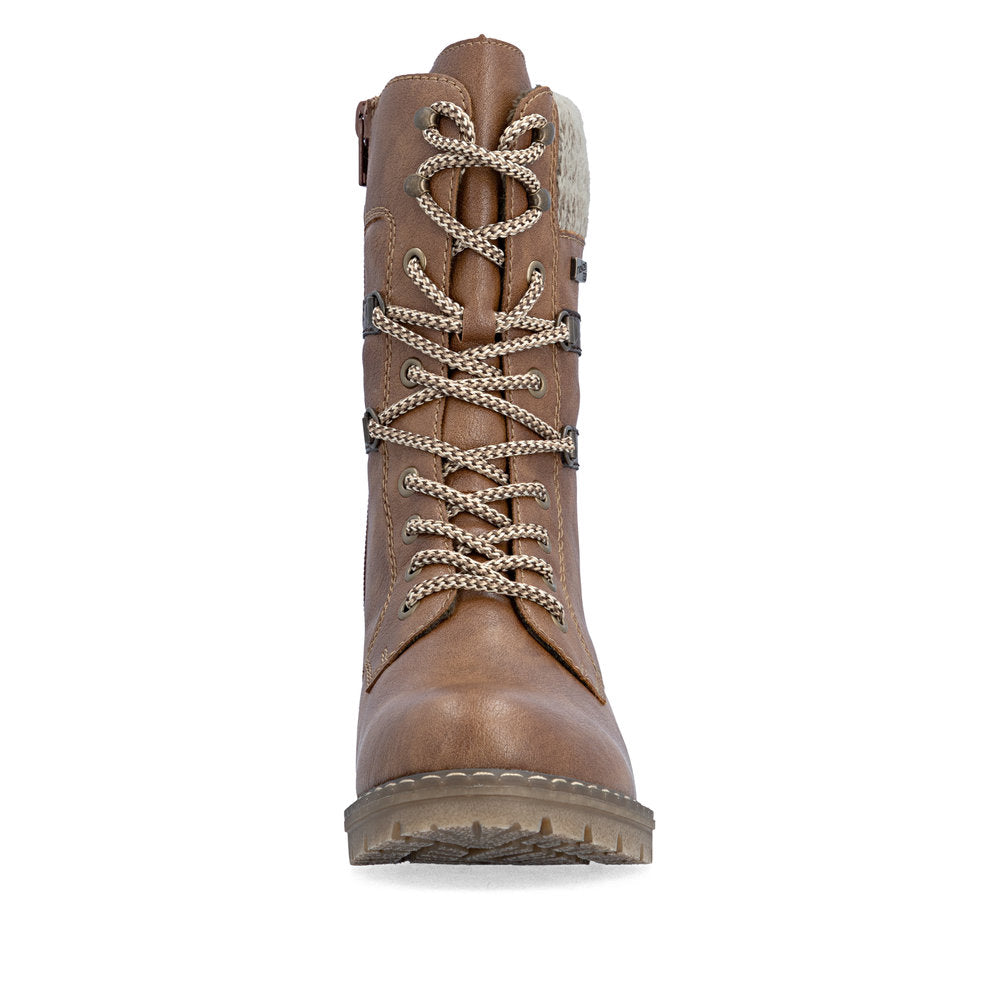 Rieker Y9107-24 women's brown water resistant zip & lace ankle boots, front view.