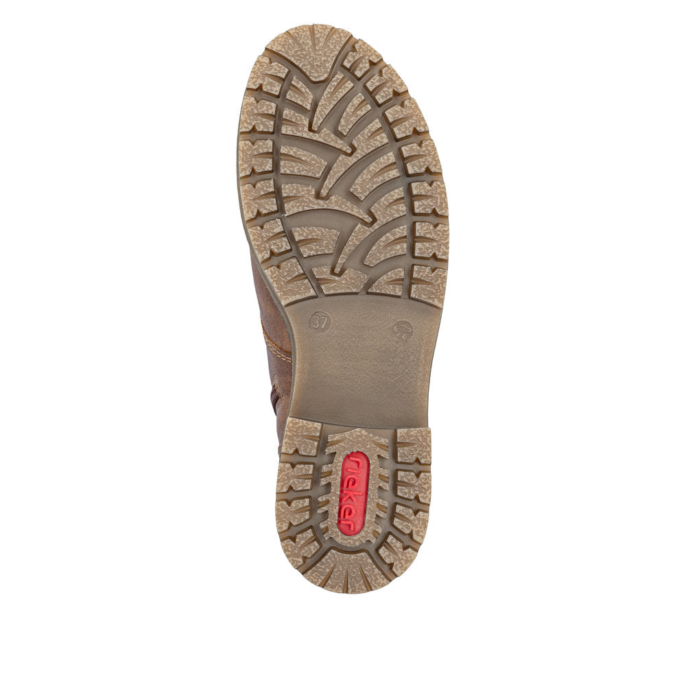 Rieker Y9107-24 women's brown water resistant zip & lace ankle boots, sole and tread view.