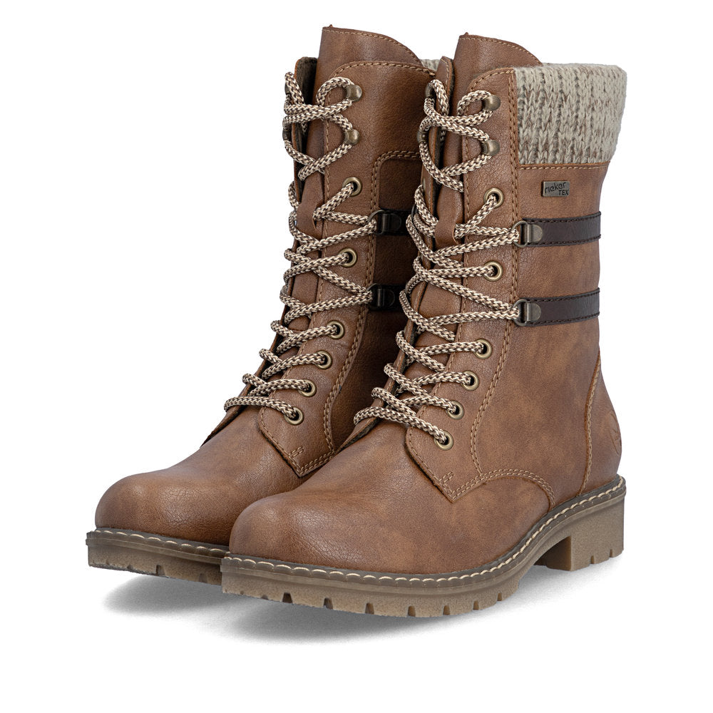 Rieker Y9107-24 women's brown water resistant zip & lace ankle boots, paired three-quarter view.