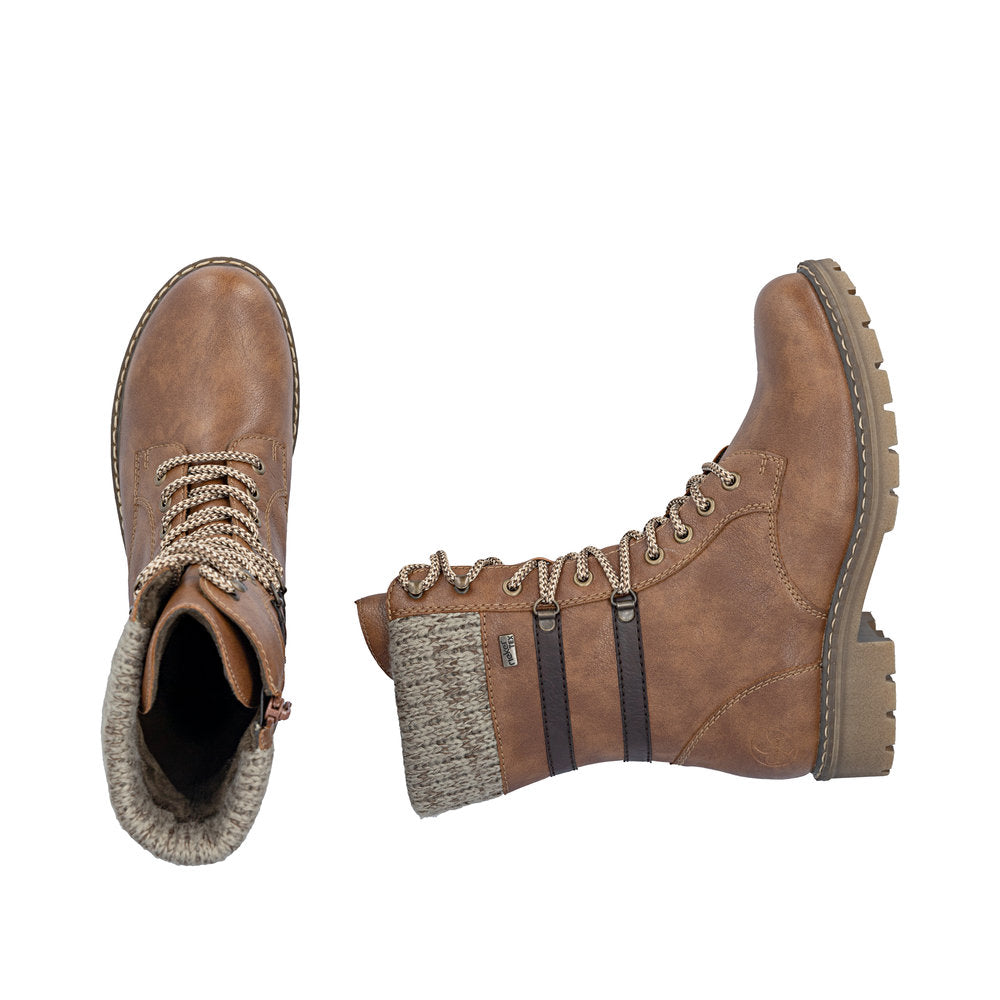 Rieker Y9107-24 women's brown water resistant zip & lace ankle boots, two-angle product view.