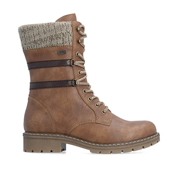 Rieker Y9107-24 women's brown water resistant zip & lace ankle boots, opposite side view.