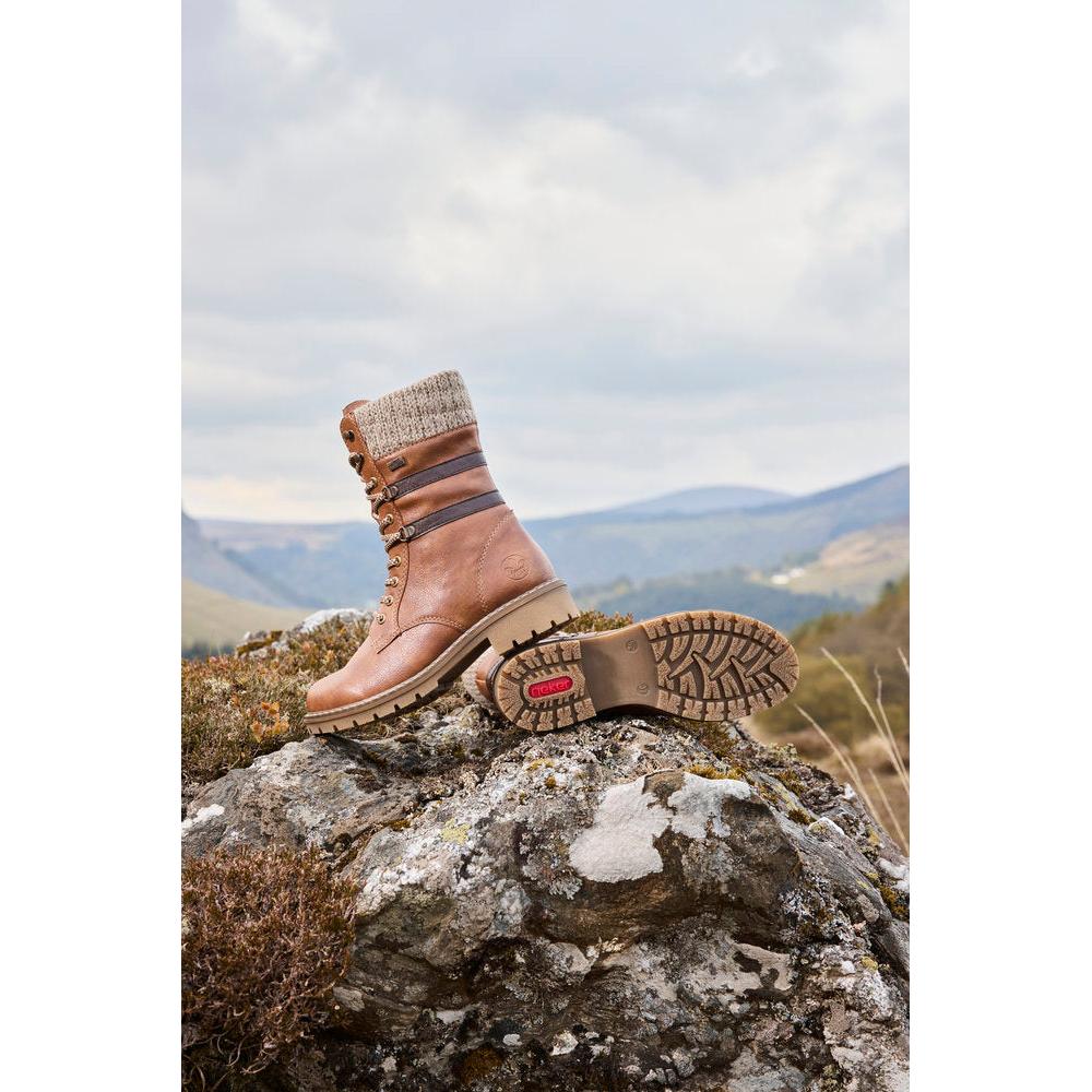 Rieker Y9107-24 women's brown water resistant zip & lace ankle boots, lifestyle view 2 of 3.