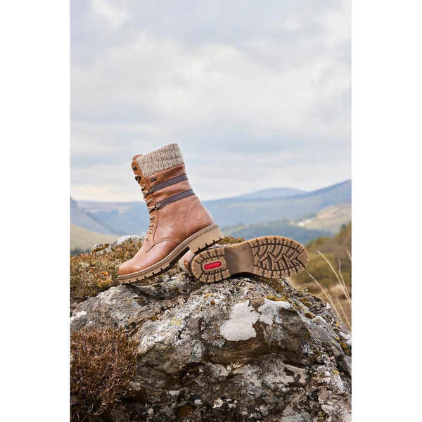 Rieker Y9107-24 women's brown water resistant zip & lace ankle boots, lifestyle view 2 of 3.