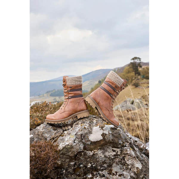 Rieker Y9107-24 women's brown water resistant zip & lace ankle boots, lifestyle view 3 of 3.