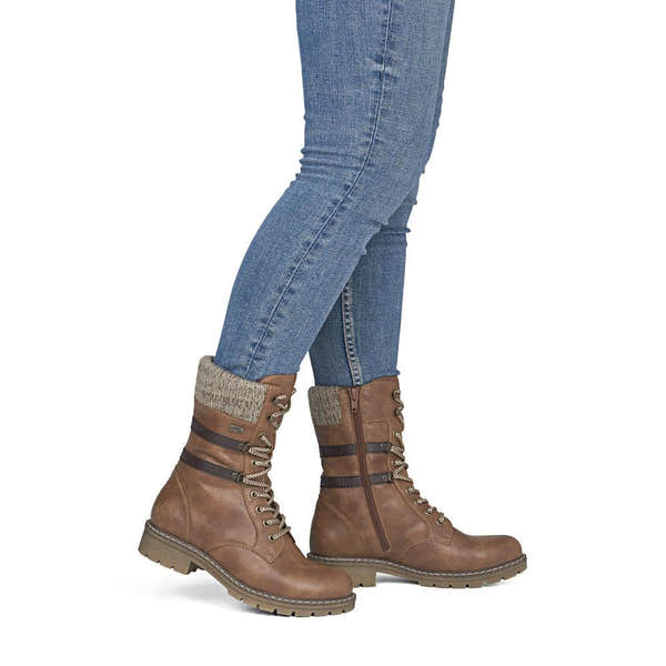Rieker Y9107-24 women's brown water resistant zip & lace ankle boots, on-foot lifestyle view.