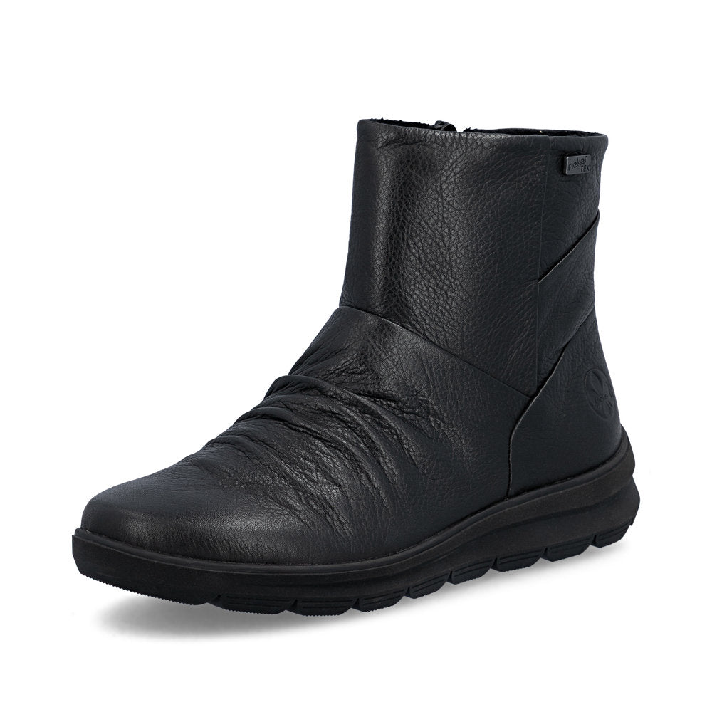 Rieker Z0066-00 women's black leather water resistant side zip ankle boots, front three-quarter view.
