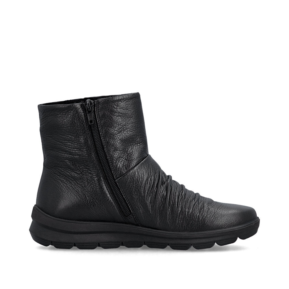 Rieker Z0066-00 women's black leather water resistant side zip ankle boots, outer side view.