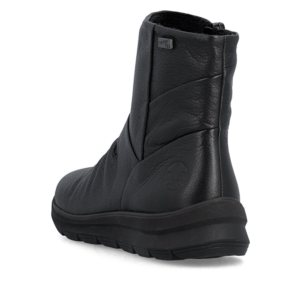 Rieker Z0066-00 women's black leather water resistant side zip ankle boots, rear three-quarter view.