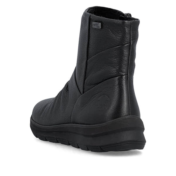 Rieker Z0066-00 women's black leather water resistant side zip ankle boots, rear three-quarter view.