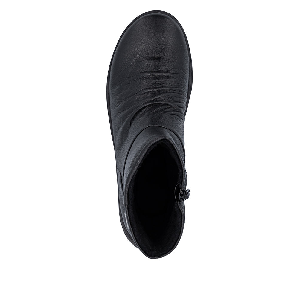 Rieker Z0066-00 women's black leather water resistant side zip ankle boots, top view.