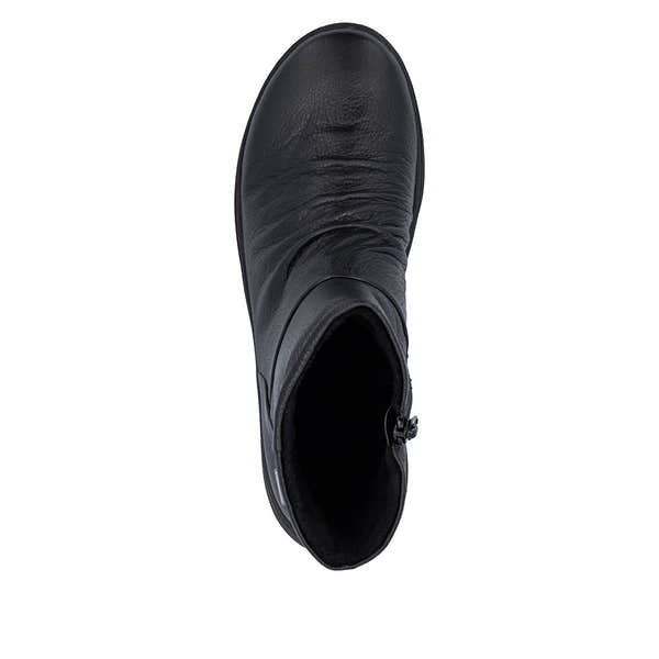 Rieker Z0066-00 women's black leather water resistant side zip ankle boots, top view.