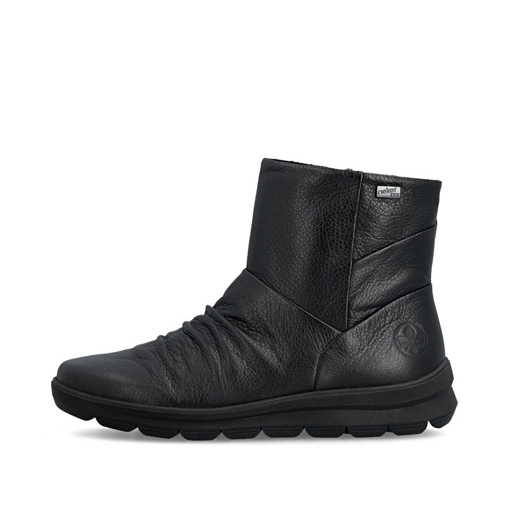 Rieker Z0066-00 women's black leather water resistant side zip ankle boots, inner side view.