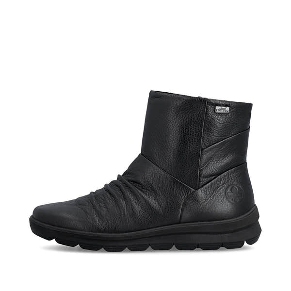 Rieker Z0066-00 women's black leather water resistant side zip ankle boots, inner side view.
