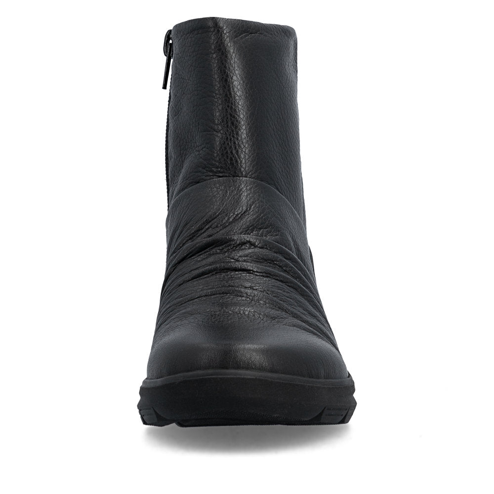 Rieker Z0066-00 women's black leather water resistant side zip ankle boots, front view.
