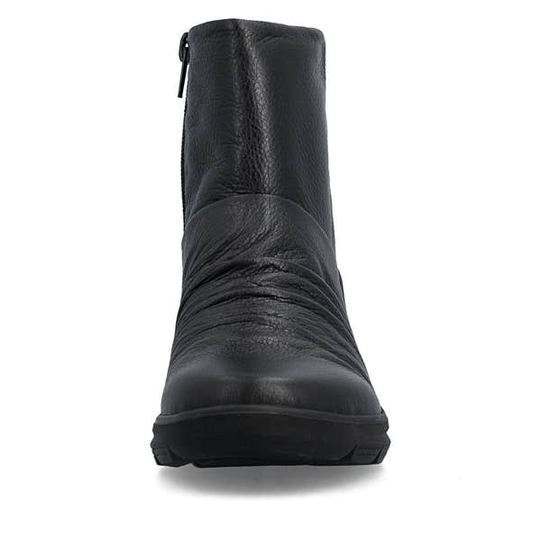 Rieker Z0066-00 women's black leather water resistant side zip ankle boots, front view.