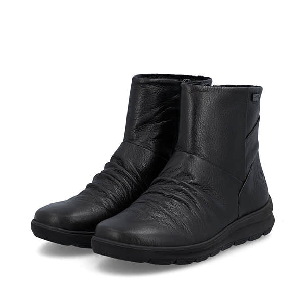 Rieker Z0066-00 women's black leather water resistant side zip ankle boots, paired three-quarter view.