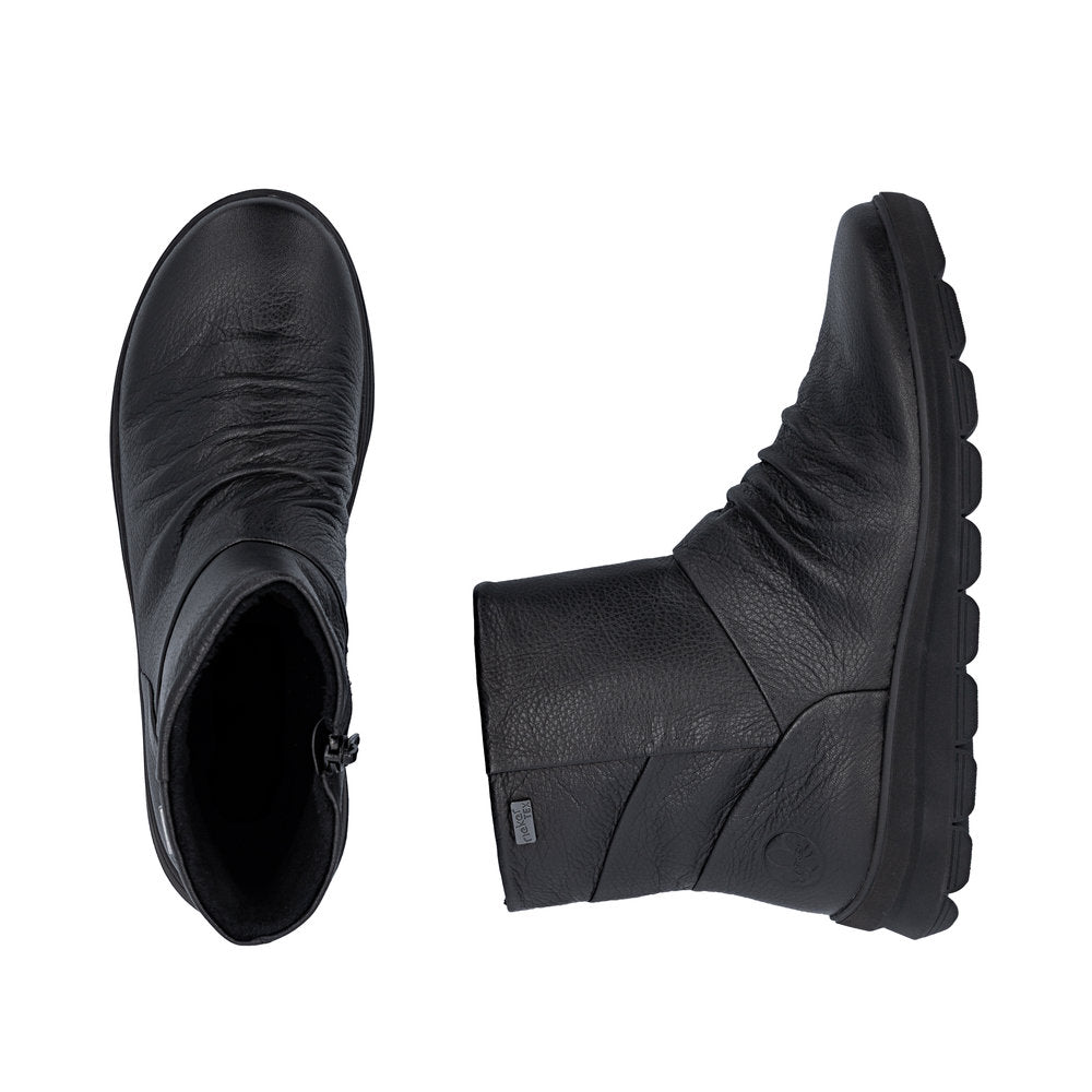 Rieker Z0066-00 women's black leather water resistant side zip ankle boots, two-angle product view.