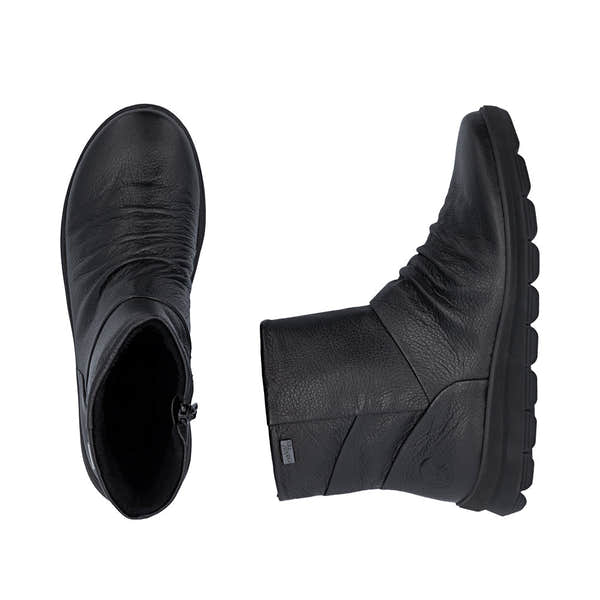 Rieker Z0066-00 women's black leather water resistant side zip ankle boots, two-angle product view.