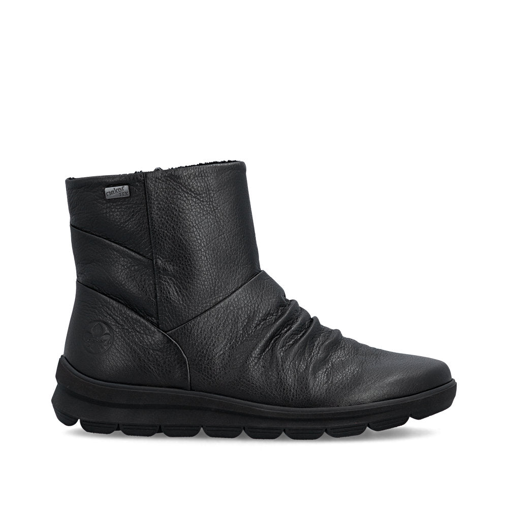 Rieker Z0066-00 women's black leather water resistant side zip ankle boots, opposite side view.
