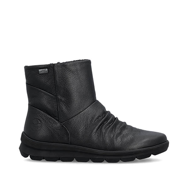 Rieker Z0066-00 women's black leather water resistant side zip ankle boots, opposite side view.