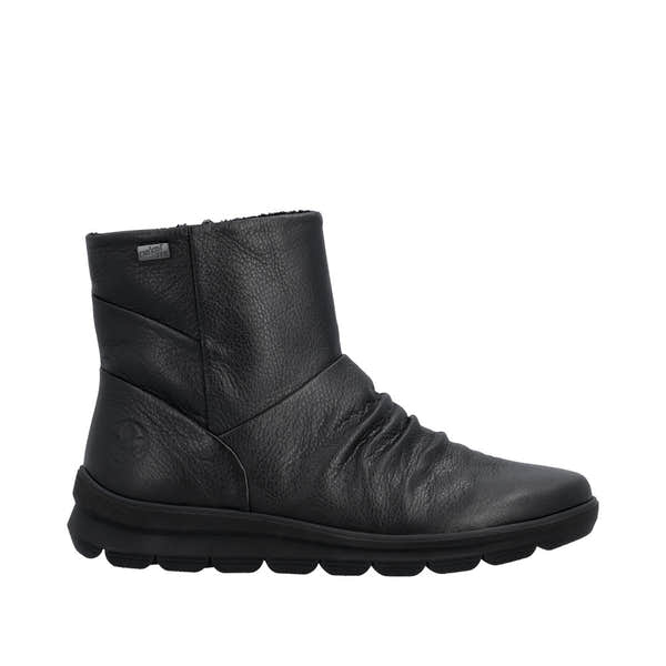 Rieker Z0066-00 women's black leather water resistant side zip ankle boots, lifestyle view 6 of 18.