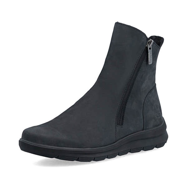 Rieker Z0068-14 women's navy suede side zip ankle boots, front three-quarter view.