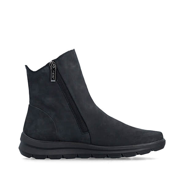 Rieker Z0068-14 women's navy suede side zip ankle boots, outer side view.