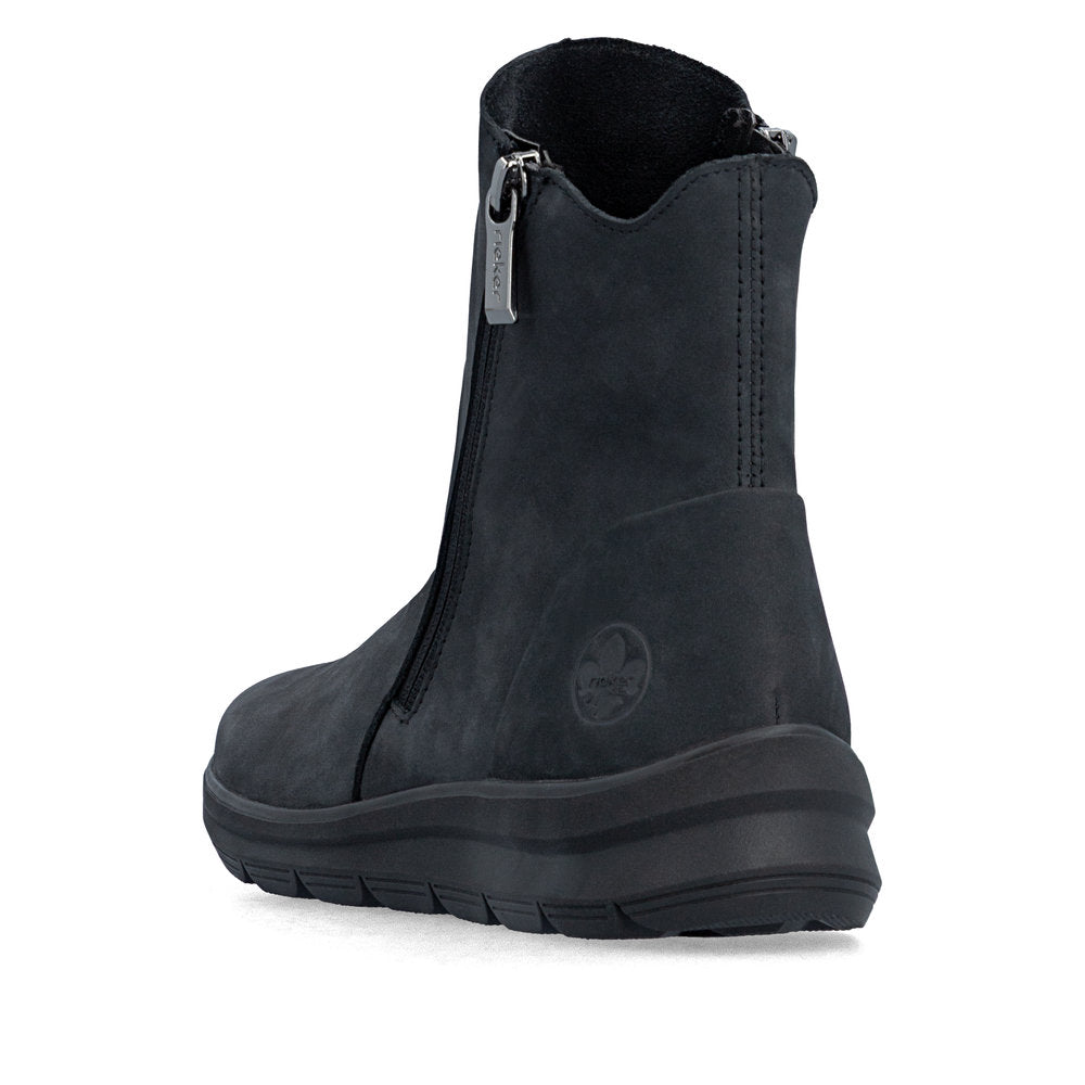 Rieker Z0068-14 women's navy suede side zip ankle boots, rear three-quarter view.
