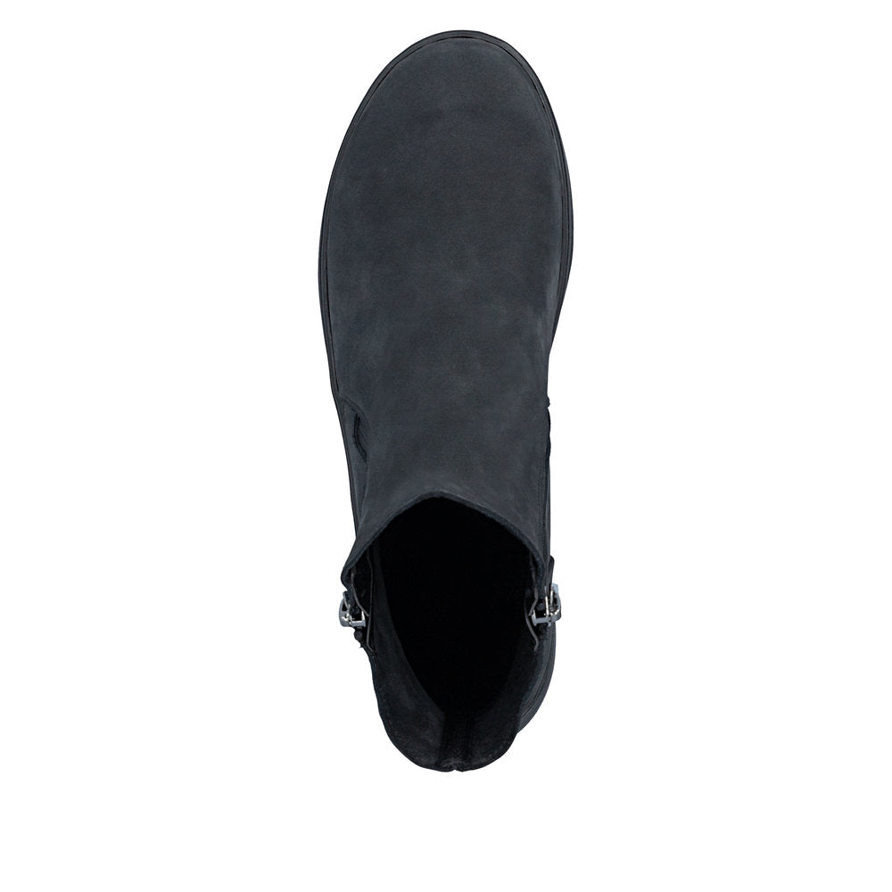 Rieker Z0068-14 women's navy suede side zip ankle boots, top view.