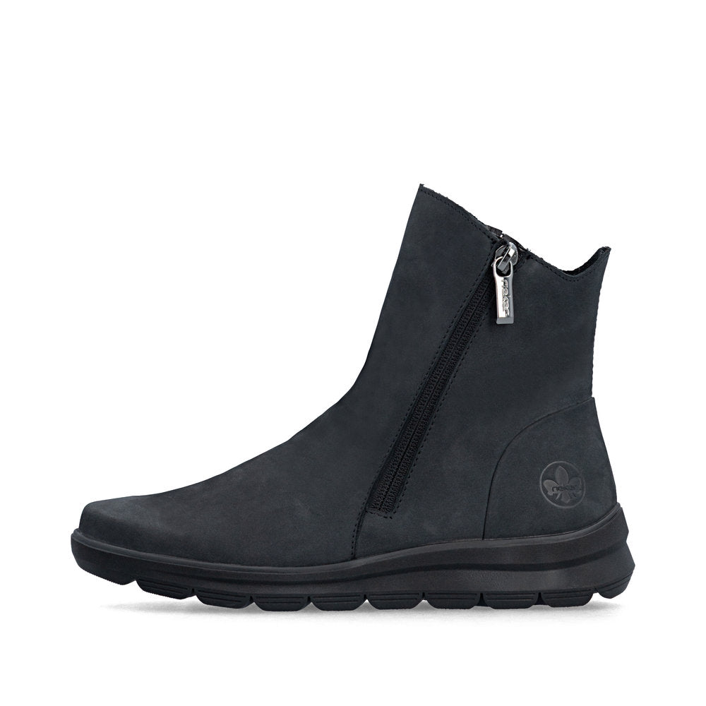 Rieker Z0068-14 women's navy suede side zip ankle boots, inner side view.