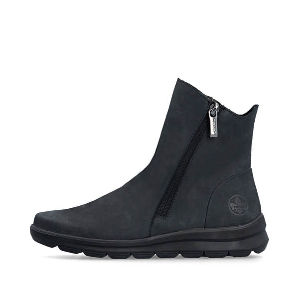 Rieker Z0068-14 women's navy suede side zip ankle boots, inner side view.