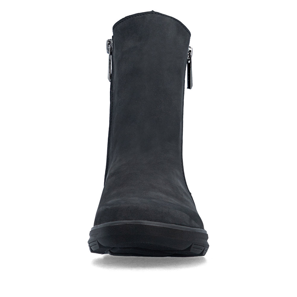 Rieker Z0068-14 women's navy suede side zip ankle boots, front view.
