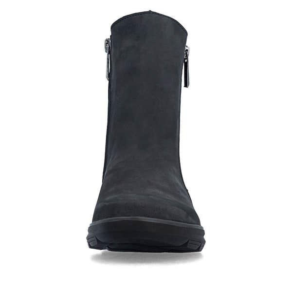 Rieker Z0068-14 women's navy suede side zip ankle boots, front view.