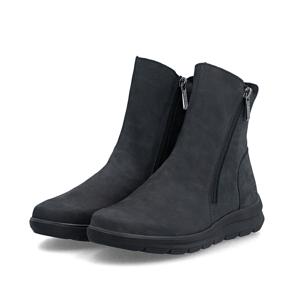 Rieker Z0068-14 women's navy suede side zip ankle boots, paired three-quarter view.