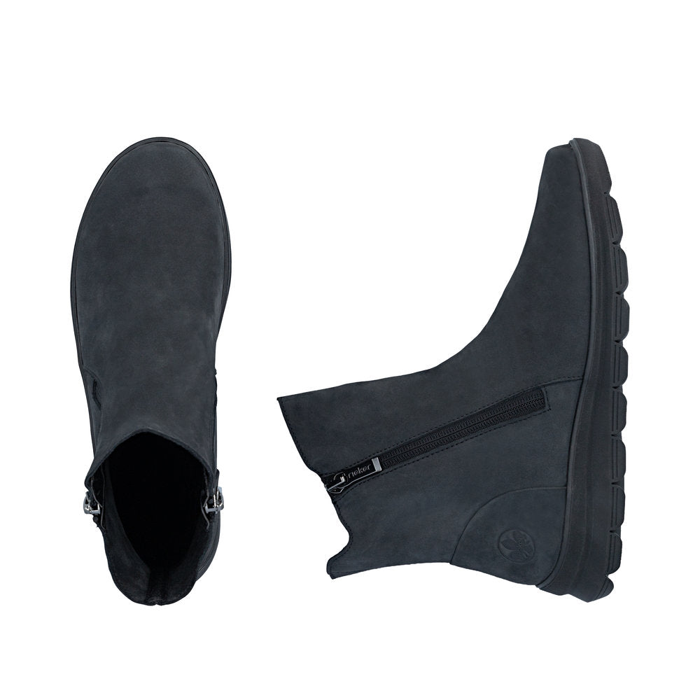 Rieker Z0068-14 women's navy suede side zip ankle boots, two-angle product view.