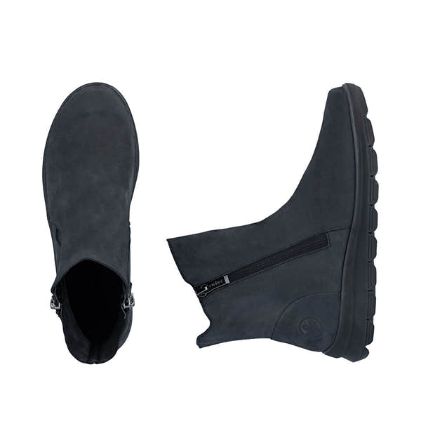 Rieker Z0068-14 women's navy suede side zip ankle boots, two-angle product view.