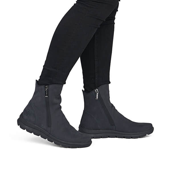 Rieker Z0068-14 women's navy suede side zip ankle boots, on-foot lifestyle view.