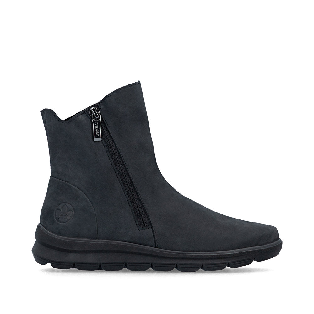 Rieker Z0068-14 women's navy suede side zip ankle boots, opposite side view.