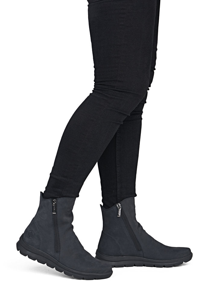 Rieker Z0068-14 women's navy suede side zip ankle boots, on-foot lifestyle view.